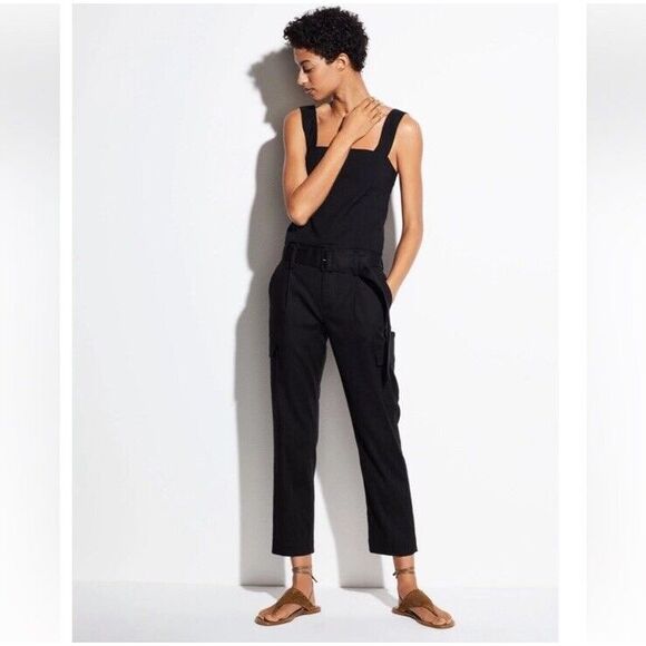VINCE Womens 6 Belted Linen Pants Black Revolve Cargo Crop‎ Tapered High Waist